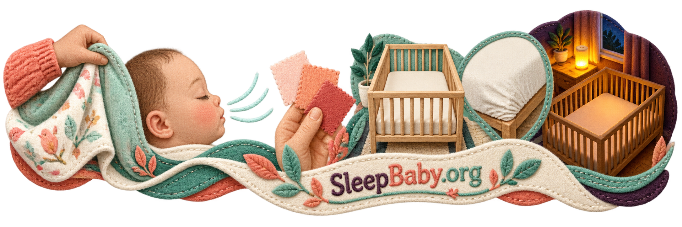 Fabric teaching rail showing a caregiver removing a blanket, checking a baby's breathing and color, and resetting a bare crib