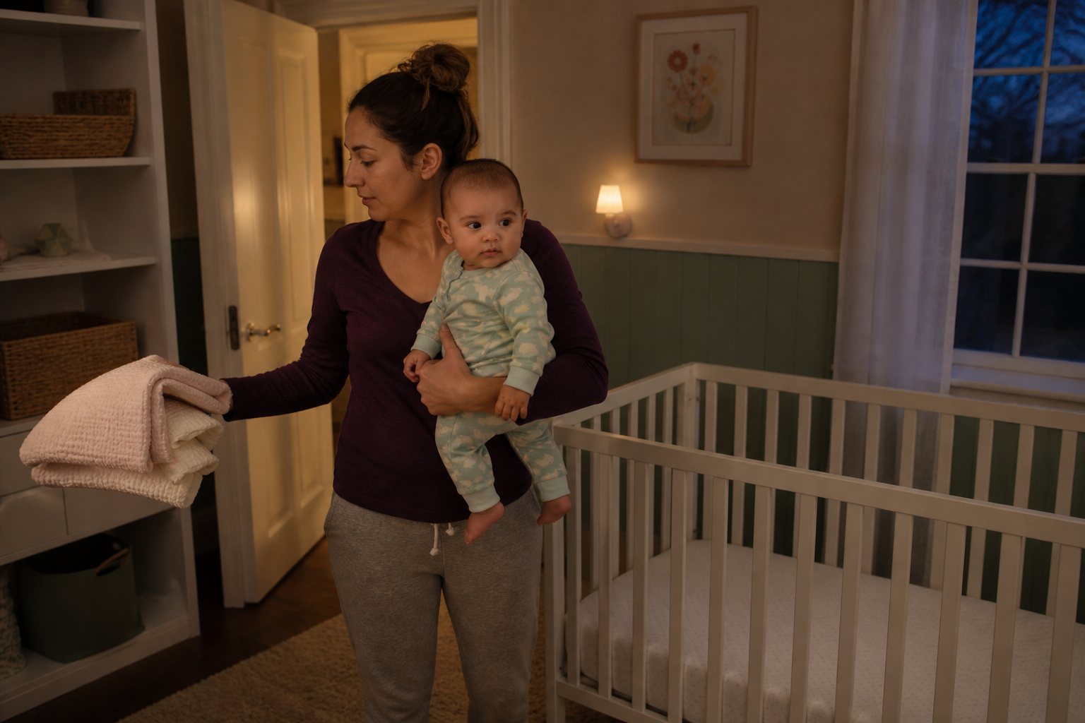 Awake caregiver carries loose blankets away while holding a baby beside a bare crib at dusk