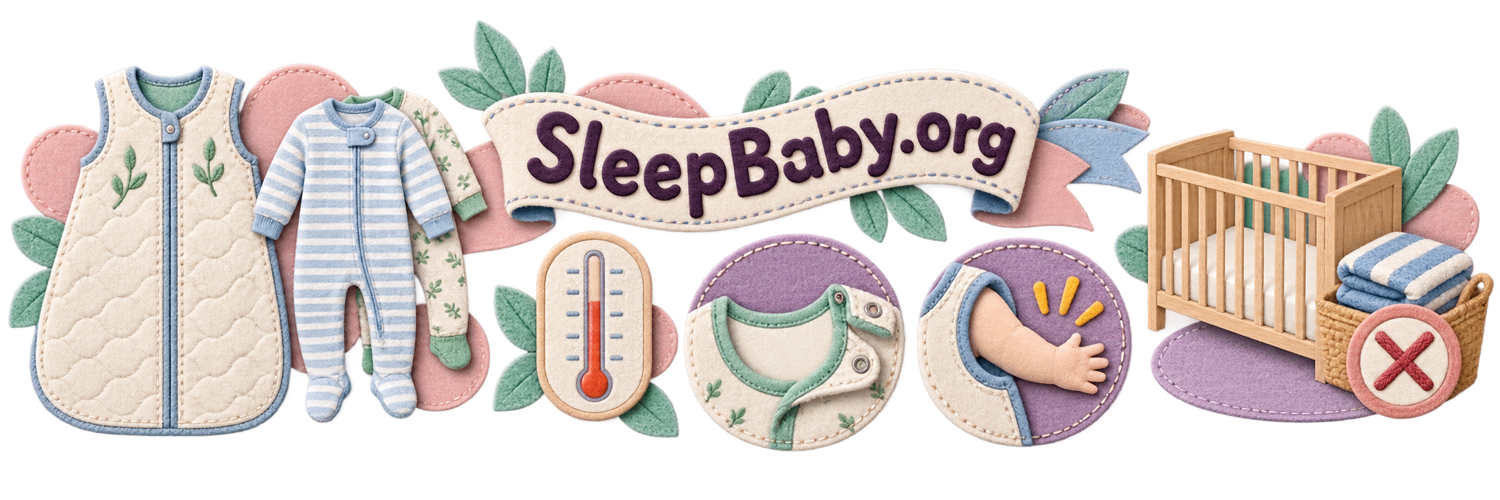 Transparent textile teaching rail showing pajamas, an unweighted sleep sack, room temperature, clear neck openings, and a bare crib