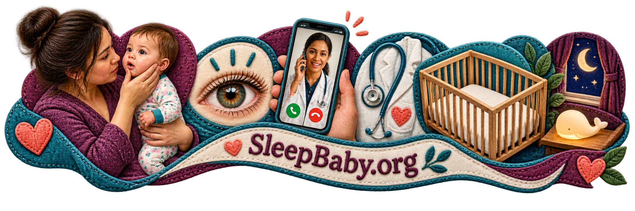 Transparent textile teaching rail showing a caregiver checking cheek color and alertness, calling a clinician, and keeping the crib bare