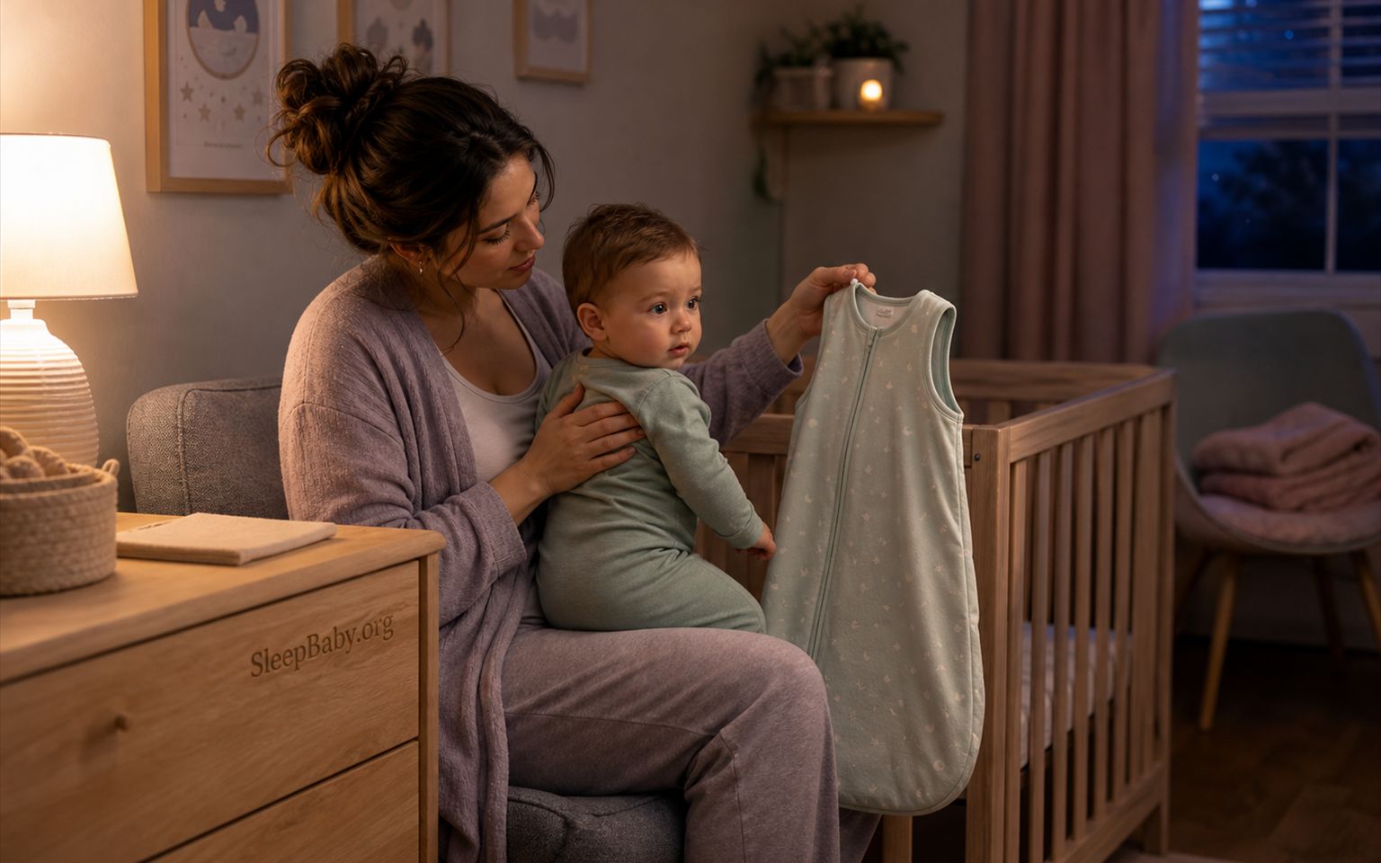 Caregiver and awake baby consider an arms-free sleep sack beside a prepared bare crib.