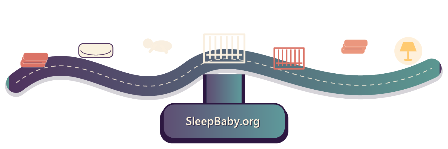 Transparent rail connects a stored blanket, fitted mattress, back-sleep cue, bare crib, and lamp.