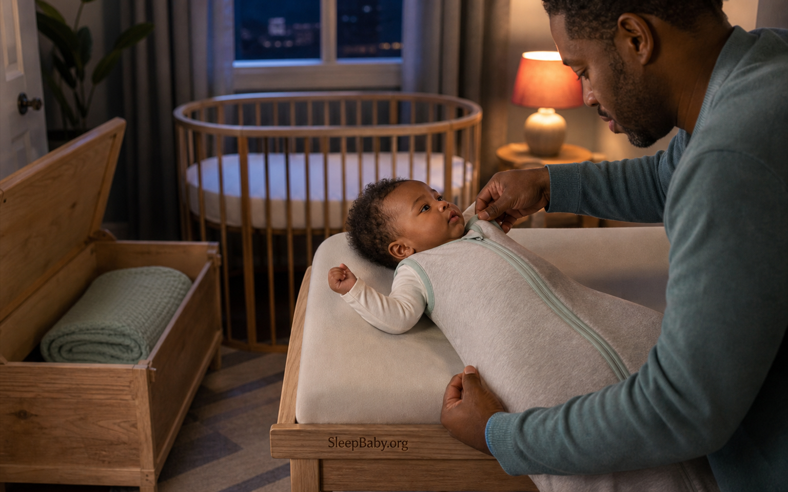 Caregiver checks a wearable blanket neckline while a quilt is stored away from the bare crib.