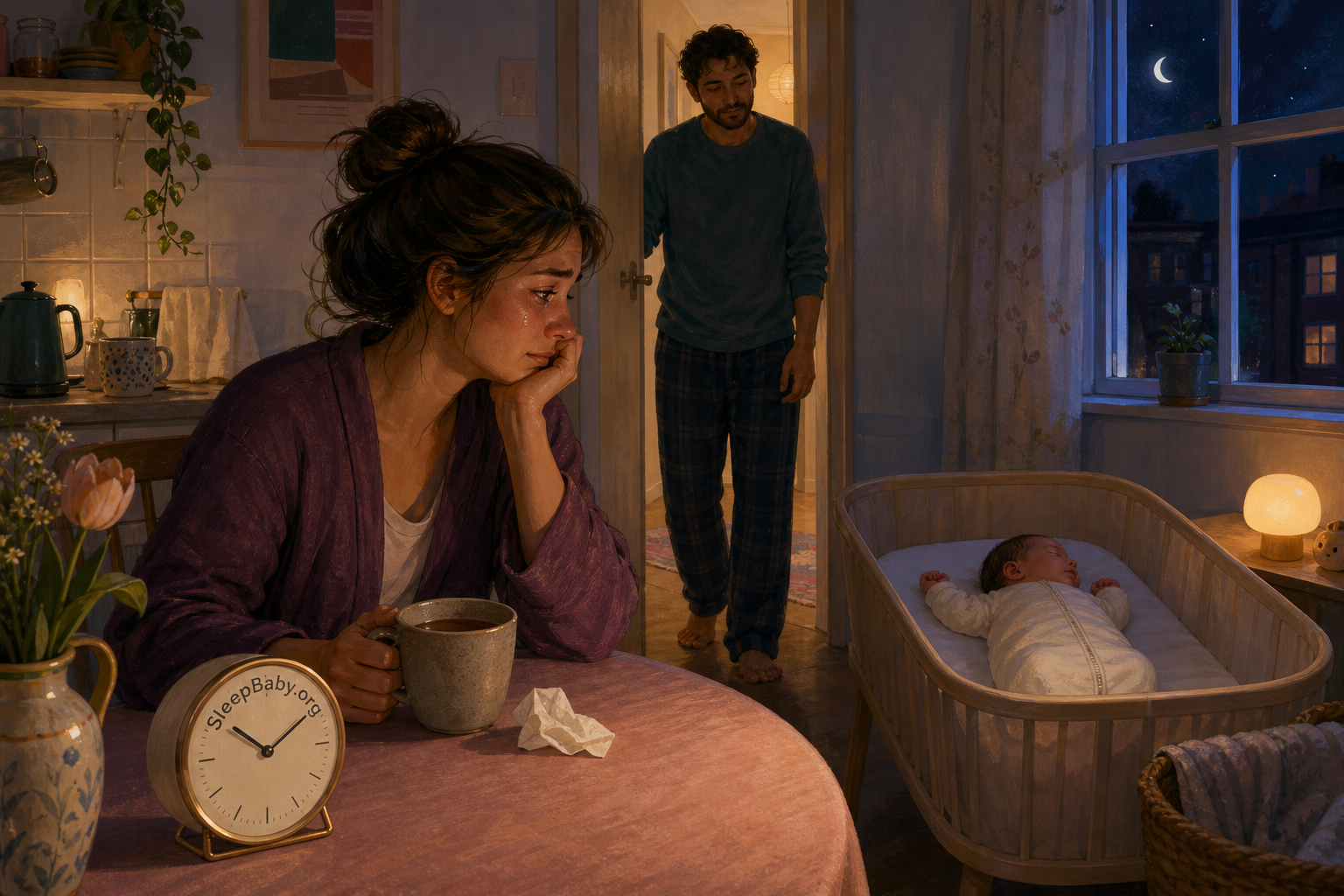 A tearful postpartum parent sits beside cooling tea as a newborn sleeps safely and support arrives