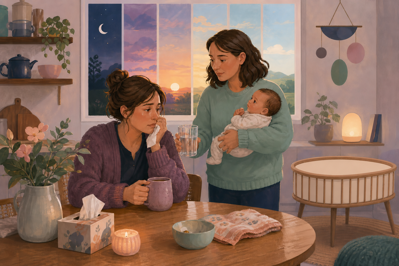 A tearful postpartum parent sits with a cooling mug while a trusted adult brings water and cares for an awake newborn beside an empty bassinet