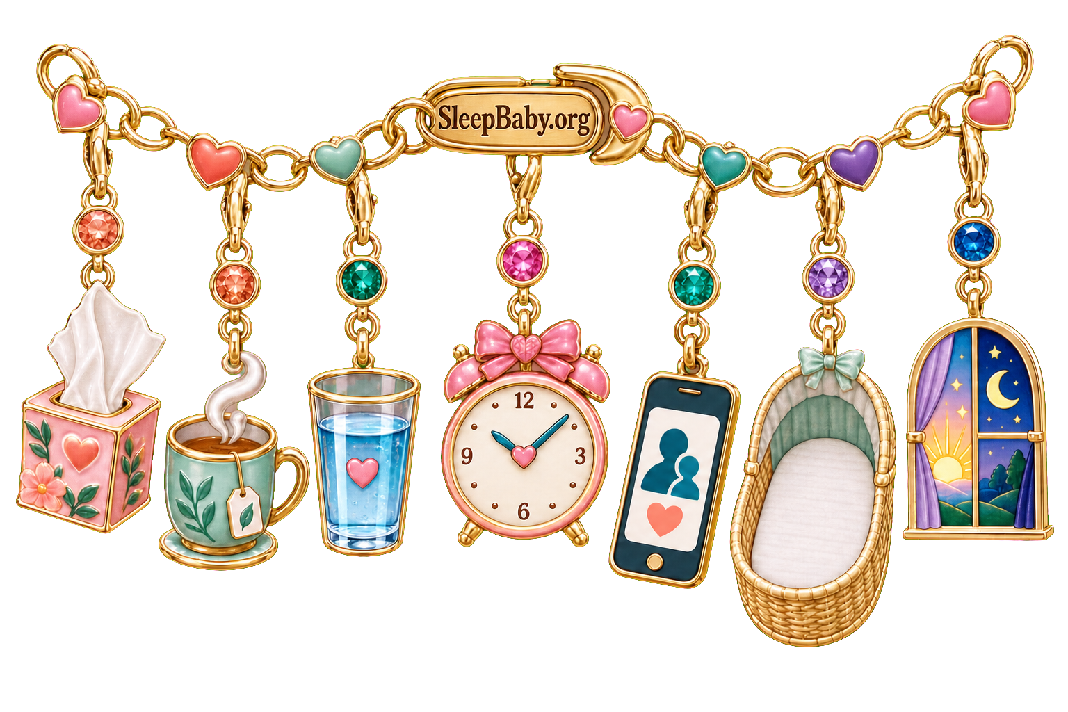 A baby-blues recognition strand joins a tissue, cooling tea, water, clock, support phone, bare bassinet, and changing light