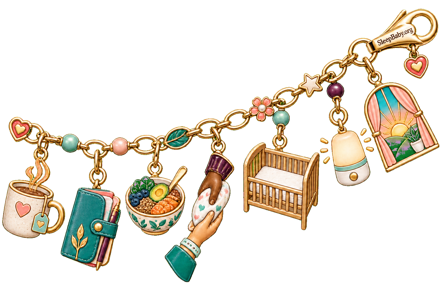 A supported-night garland joins a warm mug, follow-up folio, meal, care handoff, bare crib, nightlight, and sunrise