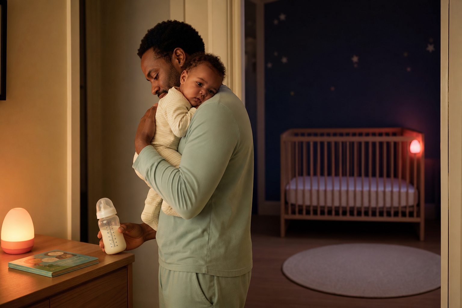 Father holding an awake baby upright beside a bottle and board book with an empty crib beyond