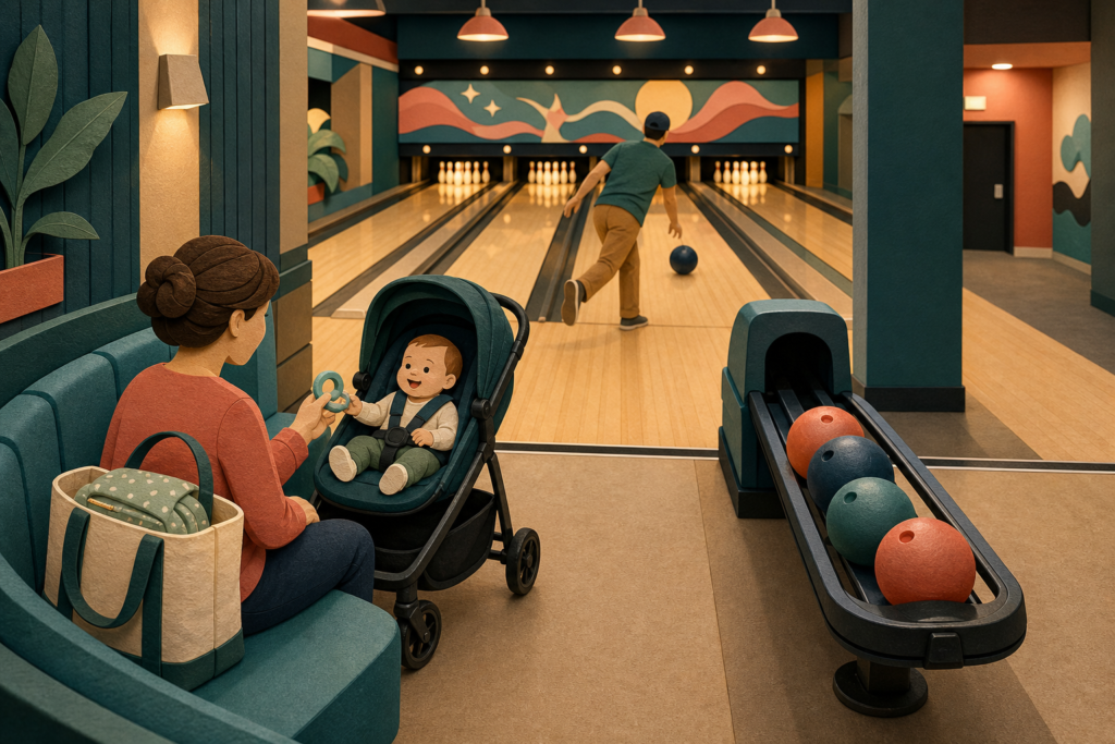 One adult bowls alone while another sits beside an awake baby in a secured stroller behind the approach and away from the ball return.
