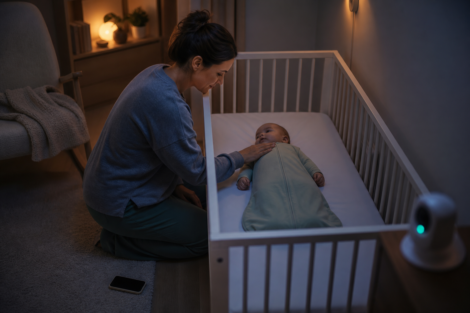 Caregiver checks an awake baby's color, response, and breathing beside a firm bare crib while a monitor stays secondary