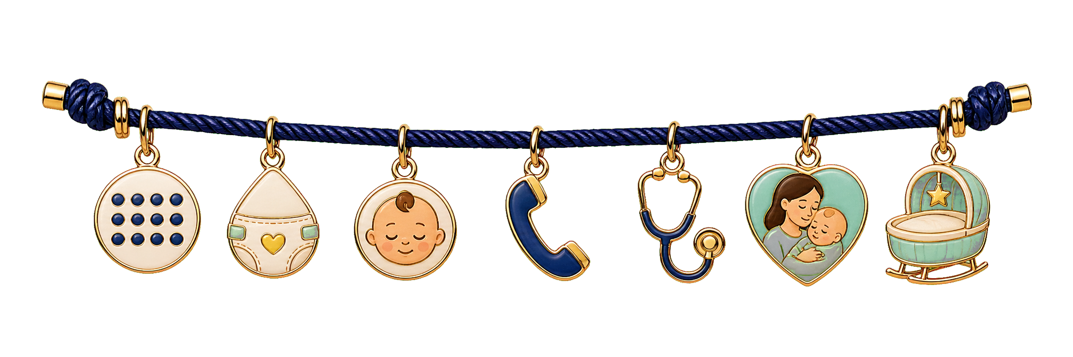 Charm rail showing a repeated pattern, diaper clue, sleepy baby, phone, clinician, caregiver support, and bassinet