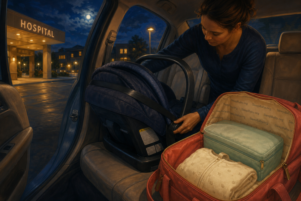 Parent checks an empty rear-facing infant car seat and a small baby bag in a parked car outside a warmly lit hospital at night