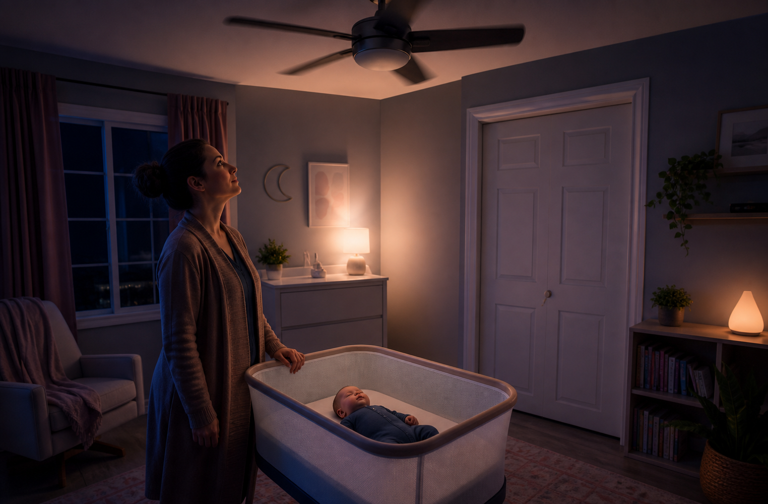 Caregiver beside a back-sleeping baby in an empty bassinet under a steady ceiling fan