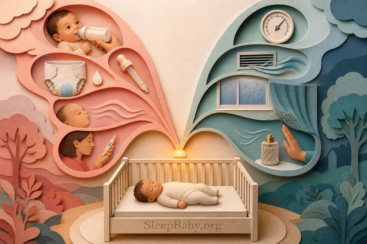 Cut-paper map pairs feeding and breathing clues with humidity, vent, and window clues above an empty crib