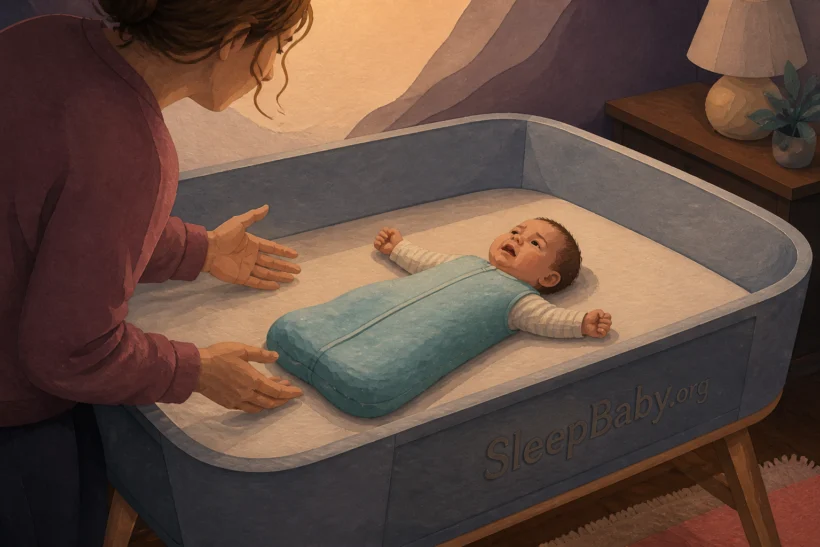 A lightly fussing awake baby lies flat on their back in a bare bassinet while a caregiver's hands remain near the rail.