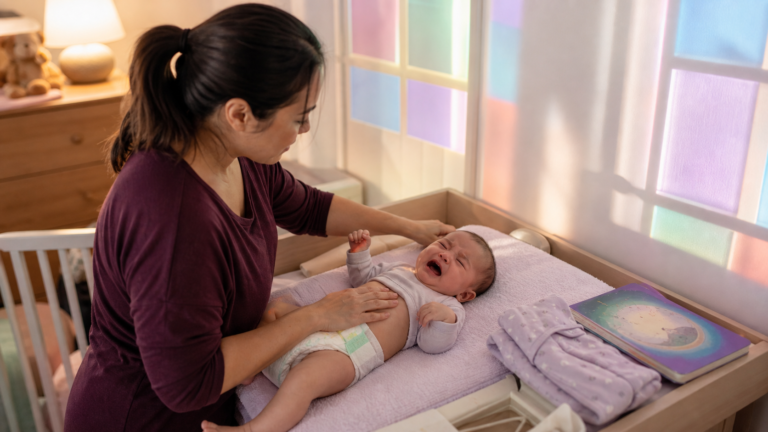 A caregiver soothes an awake crying baby during a diaper change beside folded pajamas, a bedtime book, and pastel stained-glass nursery panels.