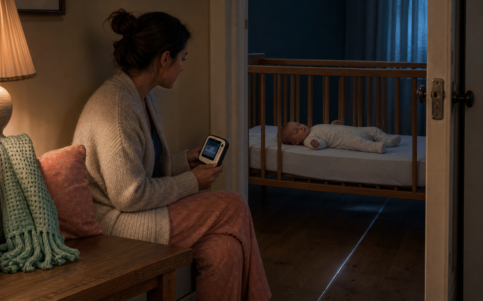 A caregiver watches from the hall while a baby sleeps in a bare crib and one floorboard seam leads toward the door latch