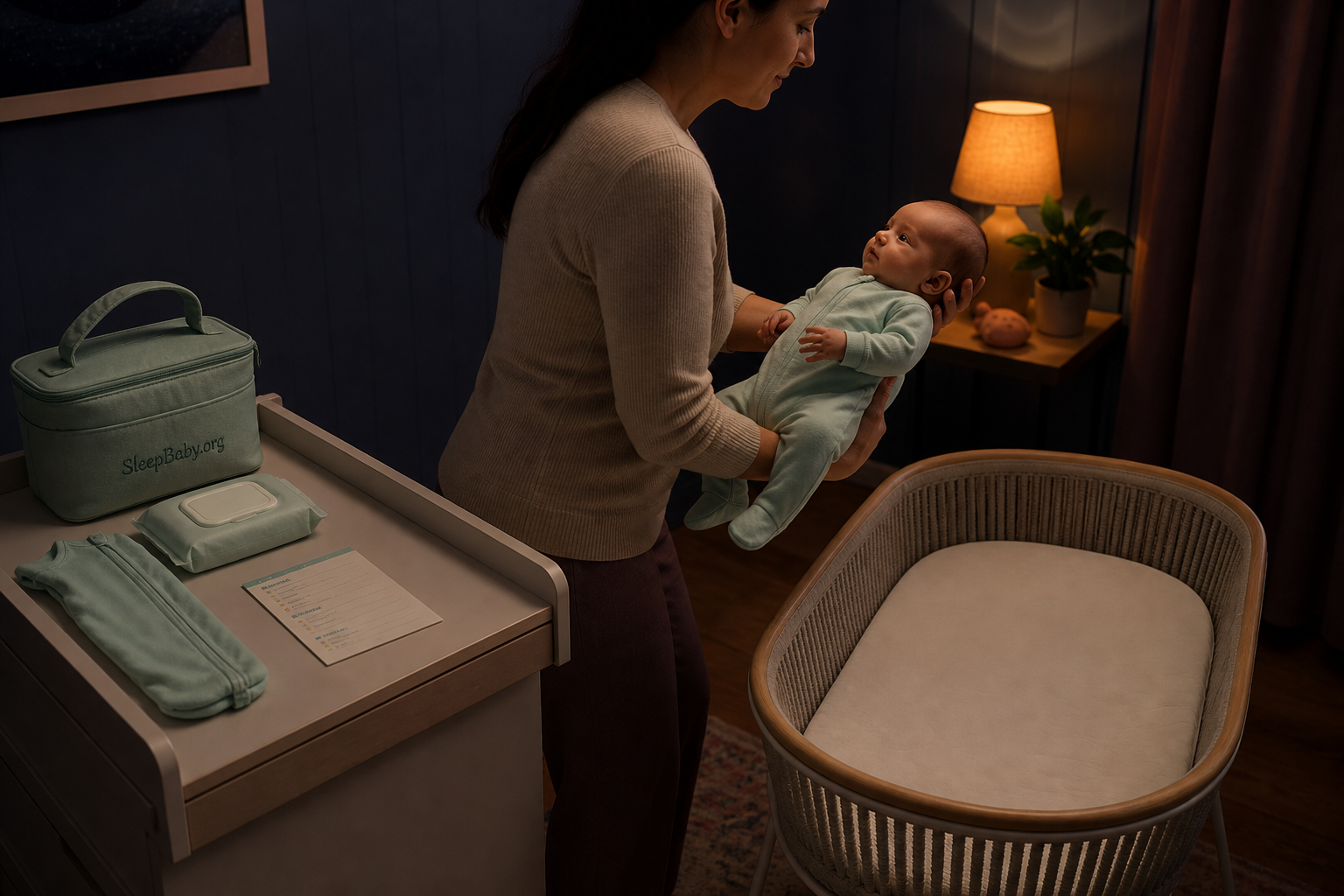 A caregiver supports an awake baby while moving from a cleared changing surface toward a warm-lit empty bassinet.