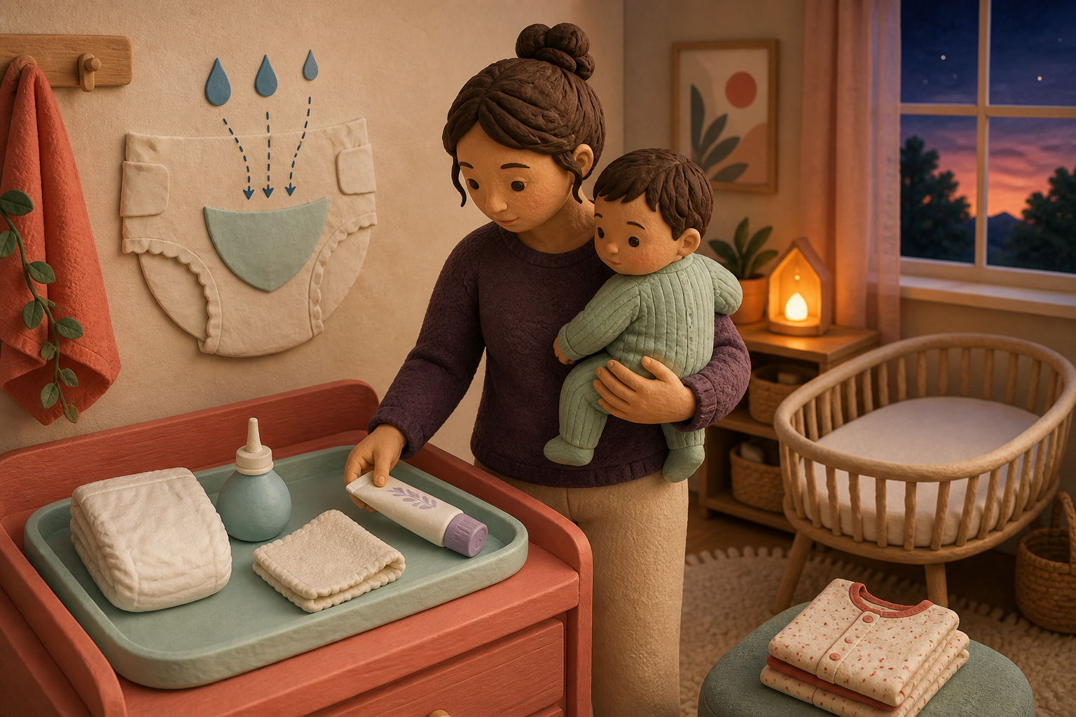 Caregiver holds a fully clothed infant beside a clean diaper, rinse bottle, soft cloth, barrier tube, and safe bassinet at dusk.
