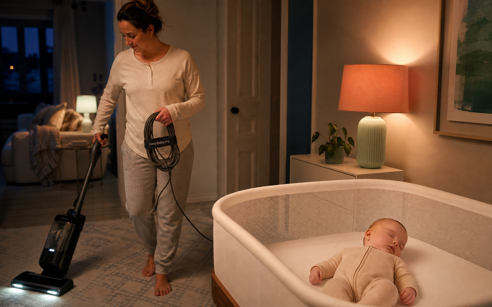 A parent holds a vacuum and coiled cord across the room from a baby sleeping on their back in an empty bassinet.