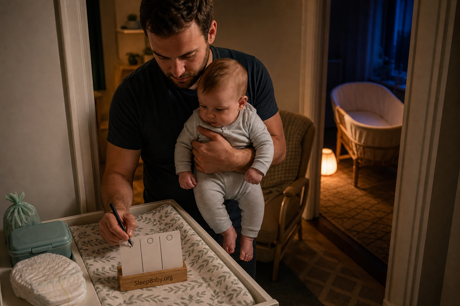 At night, a caregiver holds an awake baby over a three-column observation card while an empty bassinet waits under warm light.
