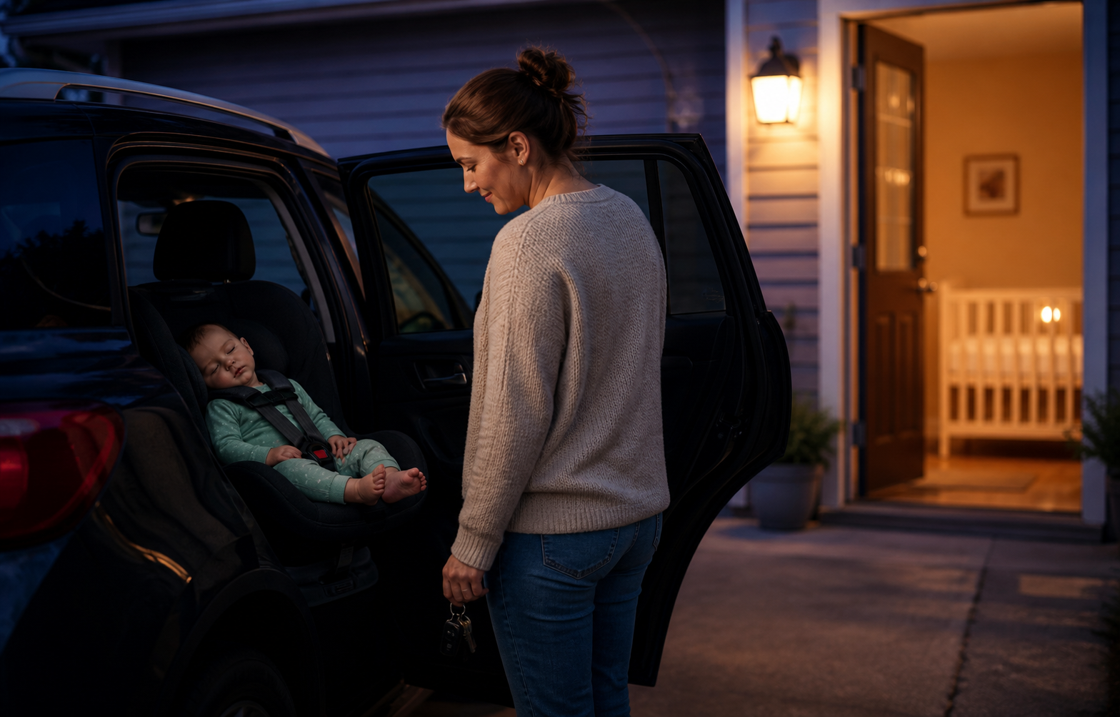 At dusk, a caregiver stands beside a parked car while a sleeping baby remains restrained in the rear seat and a bare crib glows inside the house.