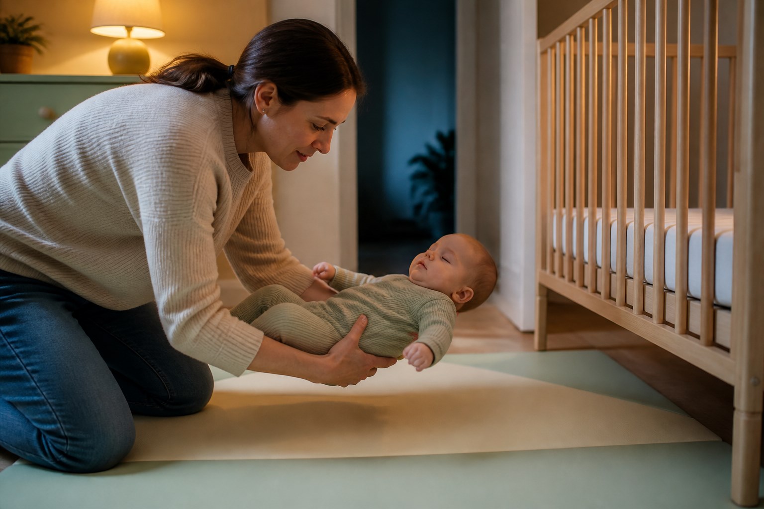 Floor-play doze beside a prepared crib Caregiver moves a drowsy baby from floor play toward a bare crib