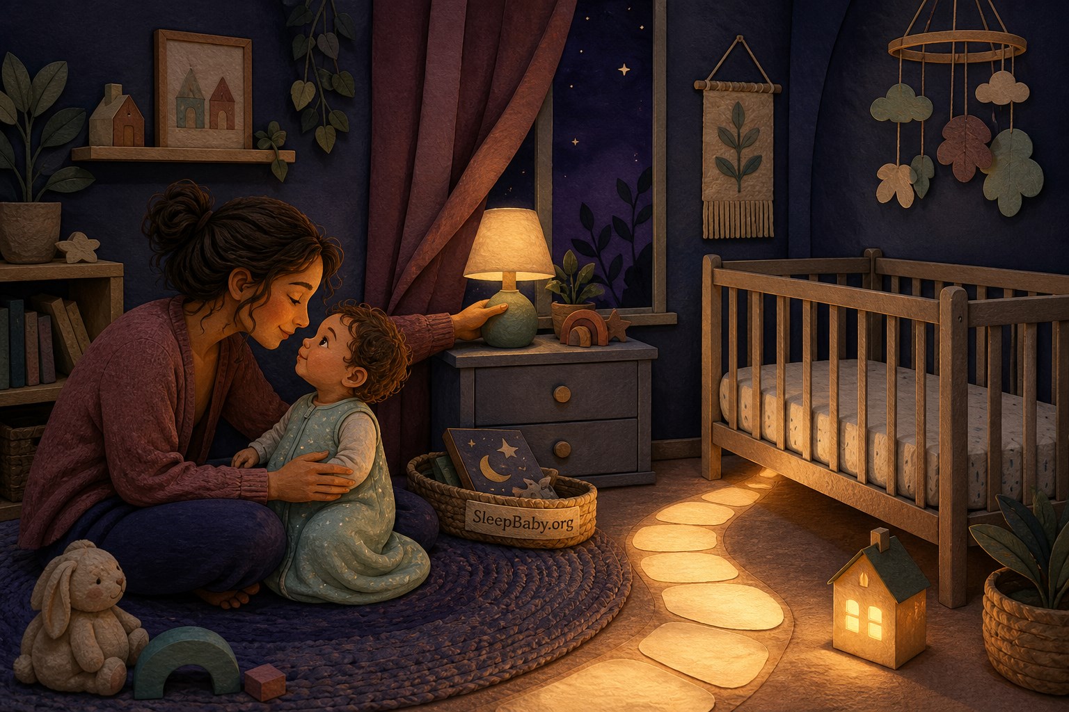 A caregiver and awake baby reset beside a dim lamp and glowing path toward an empty crib.