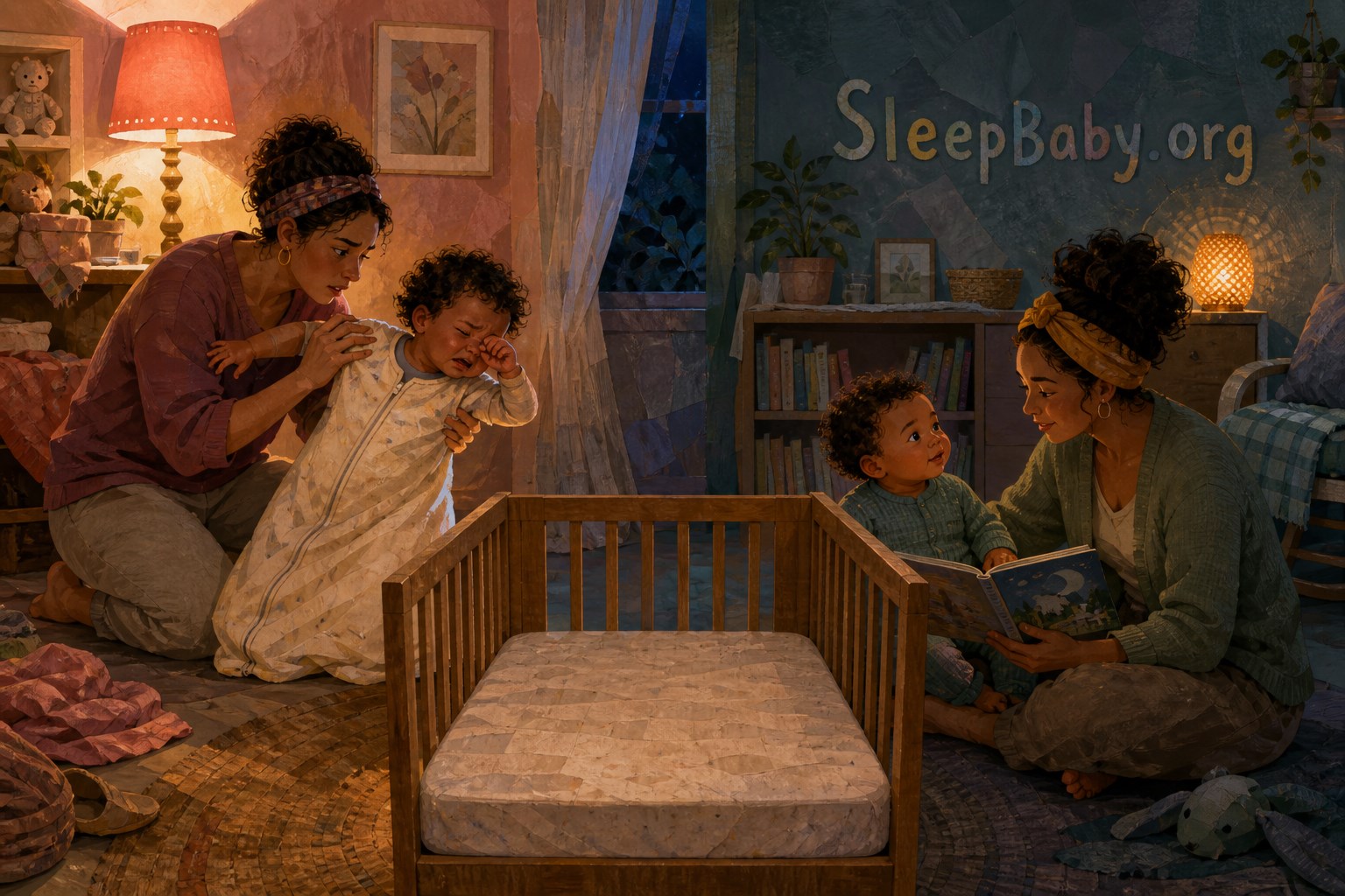 Paired bedtime scenes show a rubbing-eyed overtired child and a bright-eyed undertired baby beside one empty crib.