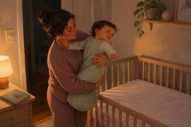 A caregiver pauses beside a bare crib as an awake baby in a mint sleep sack twists away under a warm lamp.