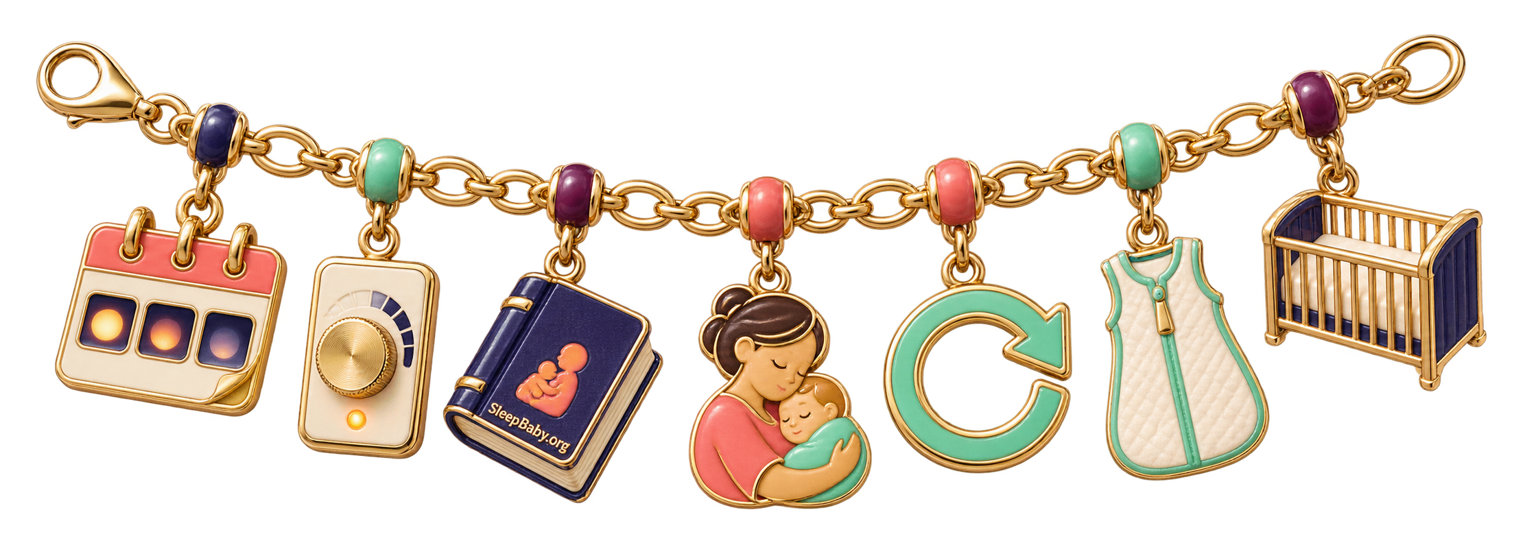 Gold action ribbon with a three-night calendar, dimmer, closed book, cuddle, reset arrow, sleep sack, and bare crib.