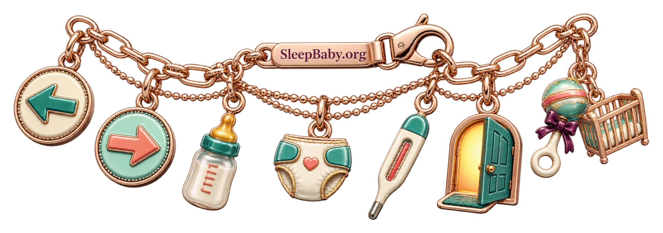 Rose-gold clue ribbon with earlier and later arrows, bottle, diaper, thermometer, doorway, rattle, and empty crib.