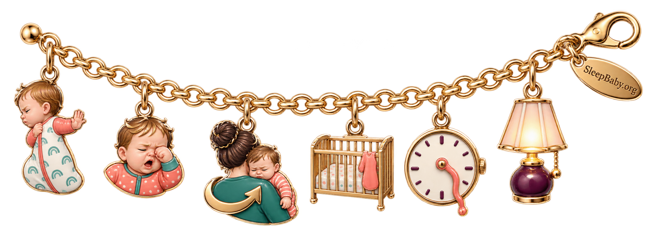 Gold charm ribbon with a baby turning away, an eye rub, reset cuddle, empty crib, bent clock, and bedtime lamp.