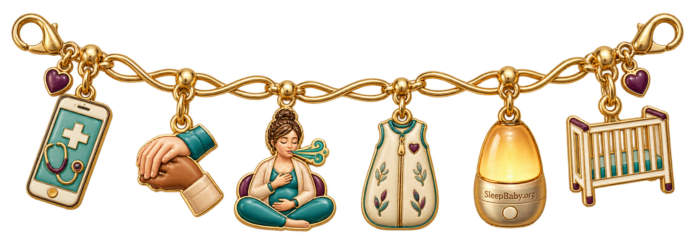 Gold support ribbon with a pediatric phone, helping hands, breathing caregiver, sleep sack, nightlight, and empty crib.