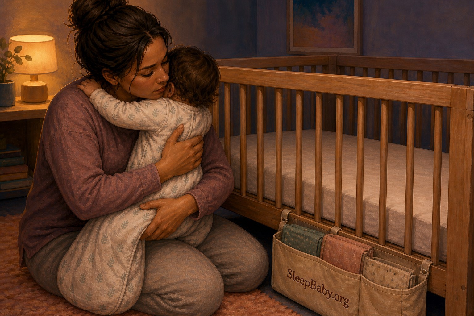 An awake baby turns away from the bare crib and clings to a caregiver beside a stitched SleepBaby.org caddy.