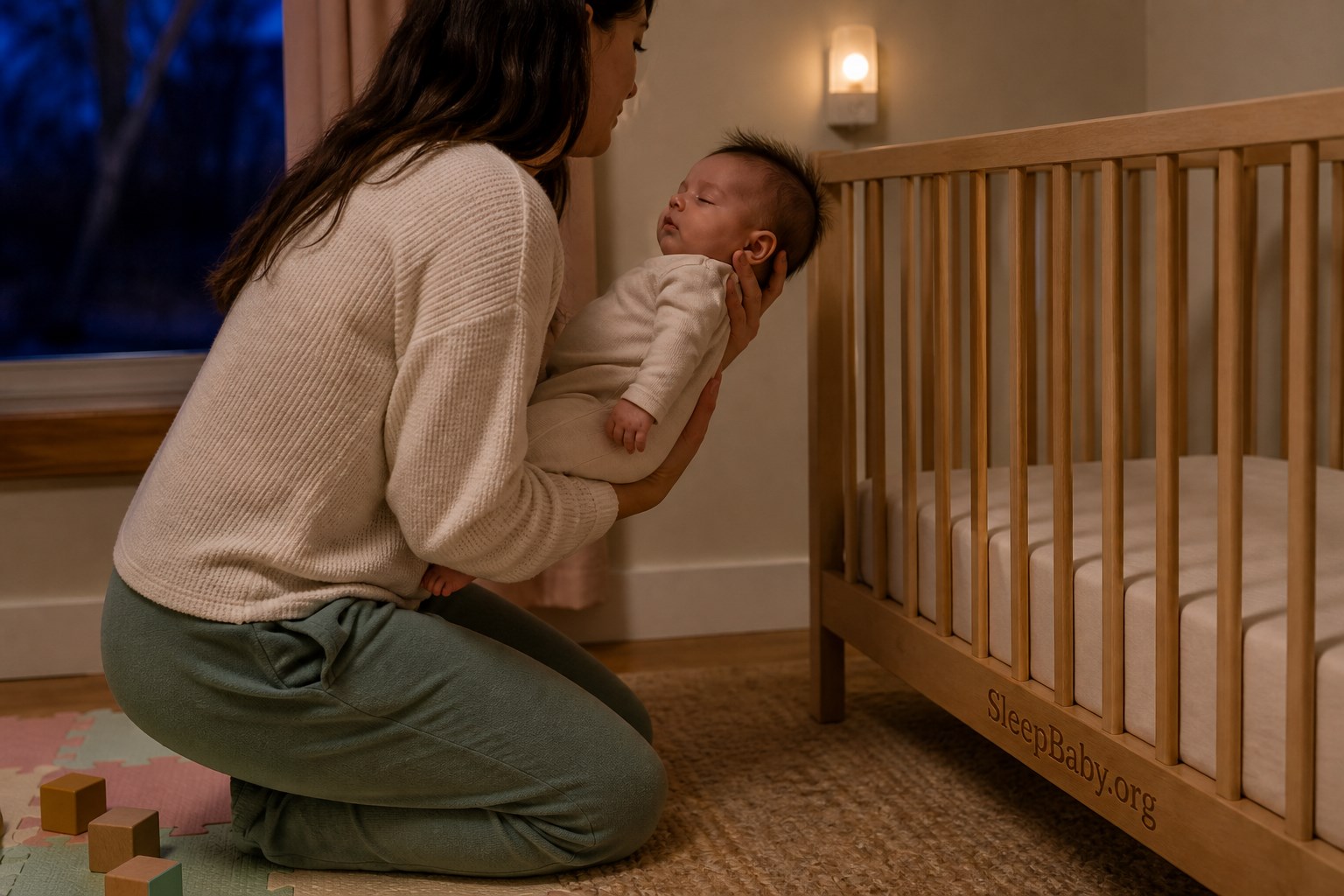 Supported transfer from play mat to crib Supported lift carries a sleepy infant from the play mat to the crib