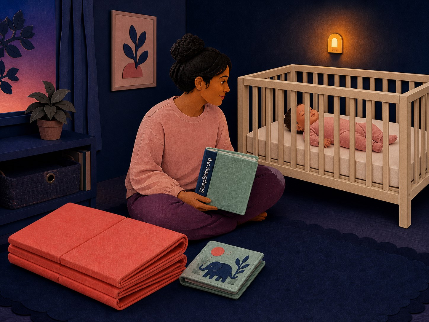 Floor play folded away after the safe handoff Folded play mat and fully railed crib mark the completed sleep handoff