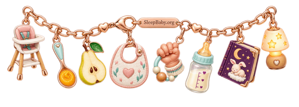 A SleepBaby.org charm strand links an upright high chair, spoon, pear, bib, grasping hand, milk bottle, bedtime book and amber lamp.