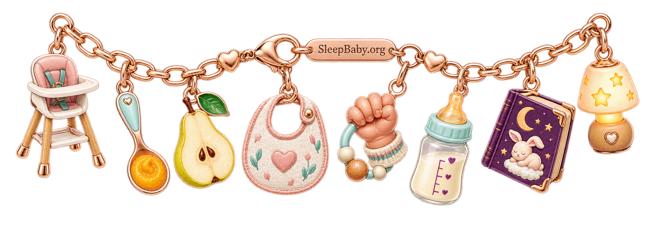 A SleepBaby.org charm strand links an upright high chair, spoon, pear, bib, grasping hand, milk bottle, bedtime book and amber lamp.