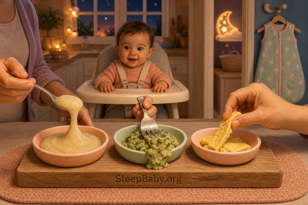 An awake, upright baby watches a caregiver compare spoon-slide, fork-crush and graspable-food texture tests beside a moon-and-cloud nightlight.