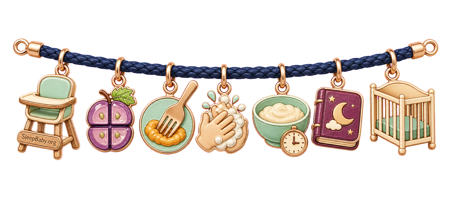 An indigo safety strand links an upright high chair, quartered food, fork-softness check, handwashing and observation bowl to a book and bare crib.