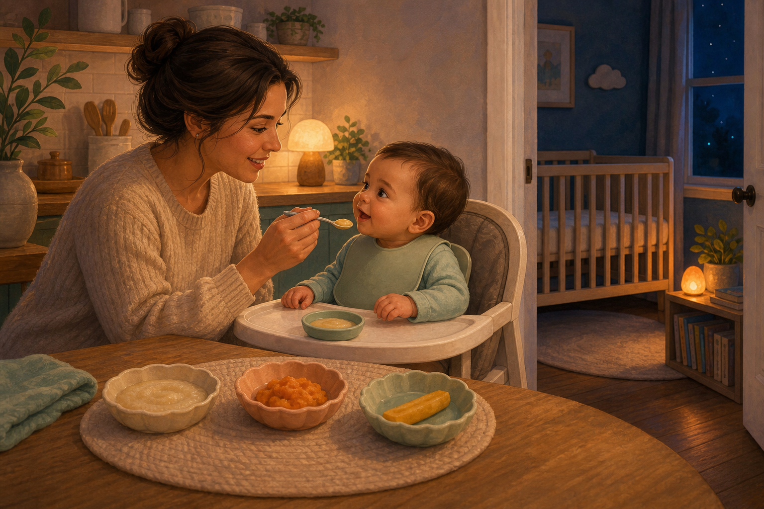 Caregiver offers a tiny spoonful to an upright baby beside smooth, mashed and soft finger-food textures with an empty crib beyond.