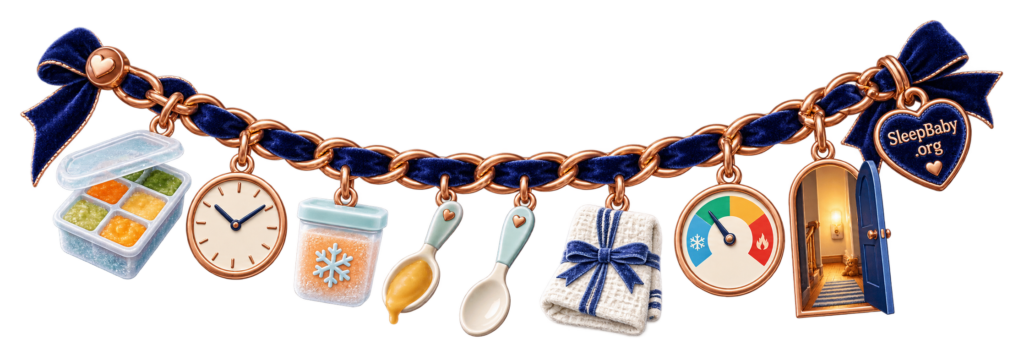 An indigo SleepBaby.org strand links frozen baby-food portions, a clock, freezer cup, two spoons, cleanup cloth, color-zone food thermometer and lit hallway.
