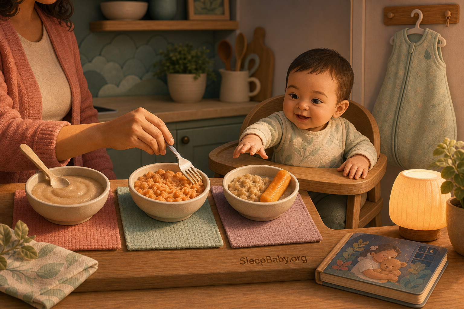 Smooth cereal, fork-mashed food, soft lumps and a tender strip progress across a kitchen table beside a baby, sleep sack and bedtime book.