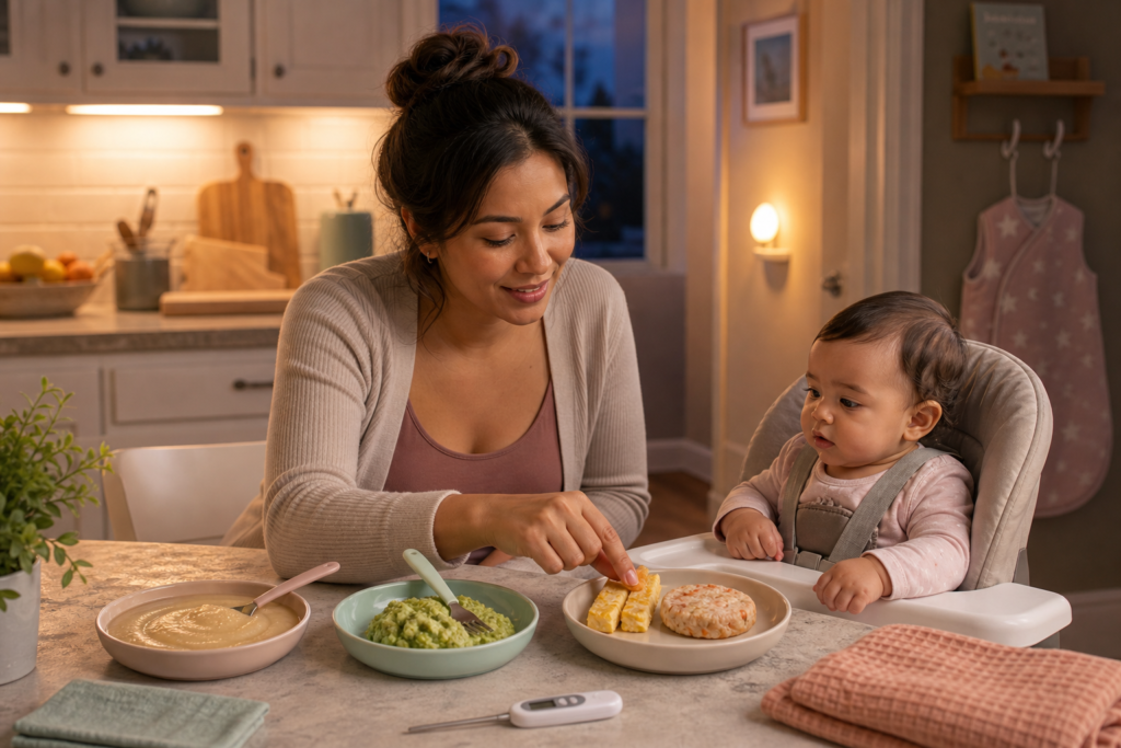 Caregiver checks a soft finger food beside smooth puree and mash while an awake baby sits upright near a dusk window and hallway nightlight.