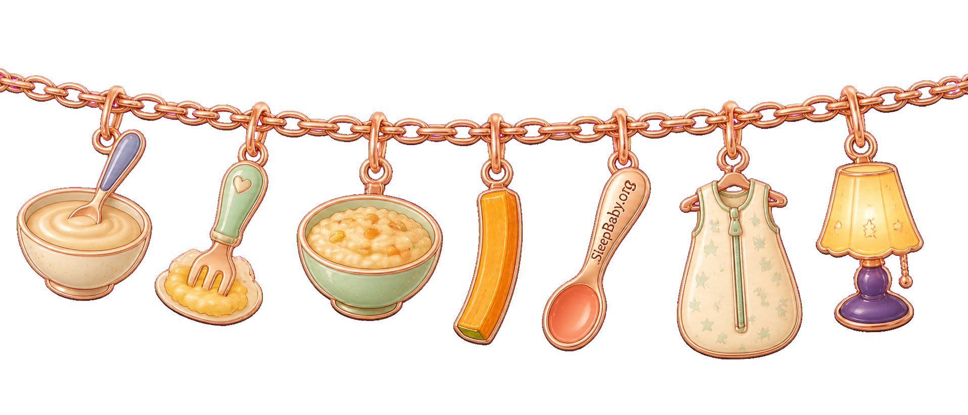 A rose-gold texture strand moves from smooth cereal and fork mash through soft lumps and a tender strip to a sleep sack and lamp.