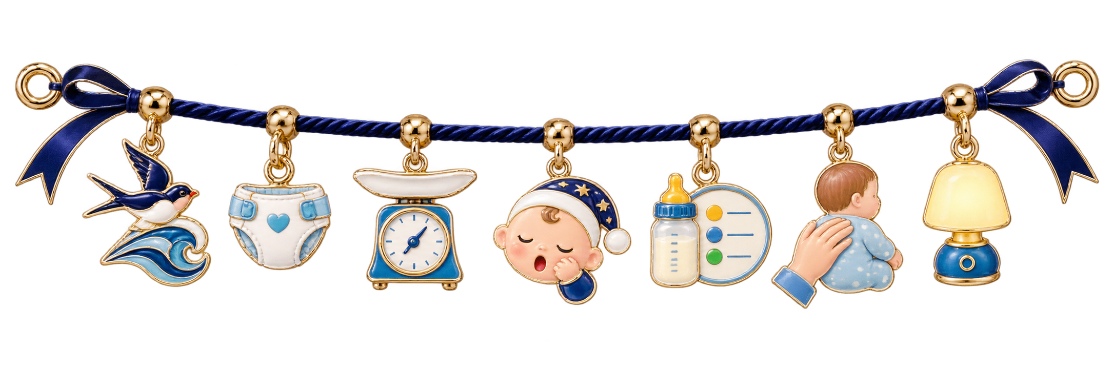 Charm rail showing a diaper, infant scale, wakeability, bottle pattern, supported baby, and night lamp