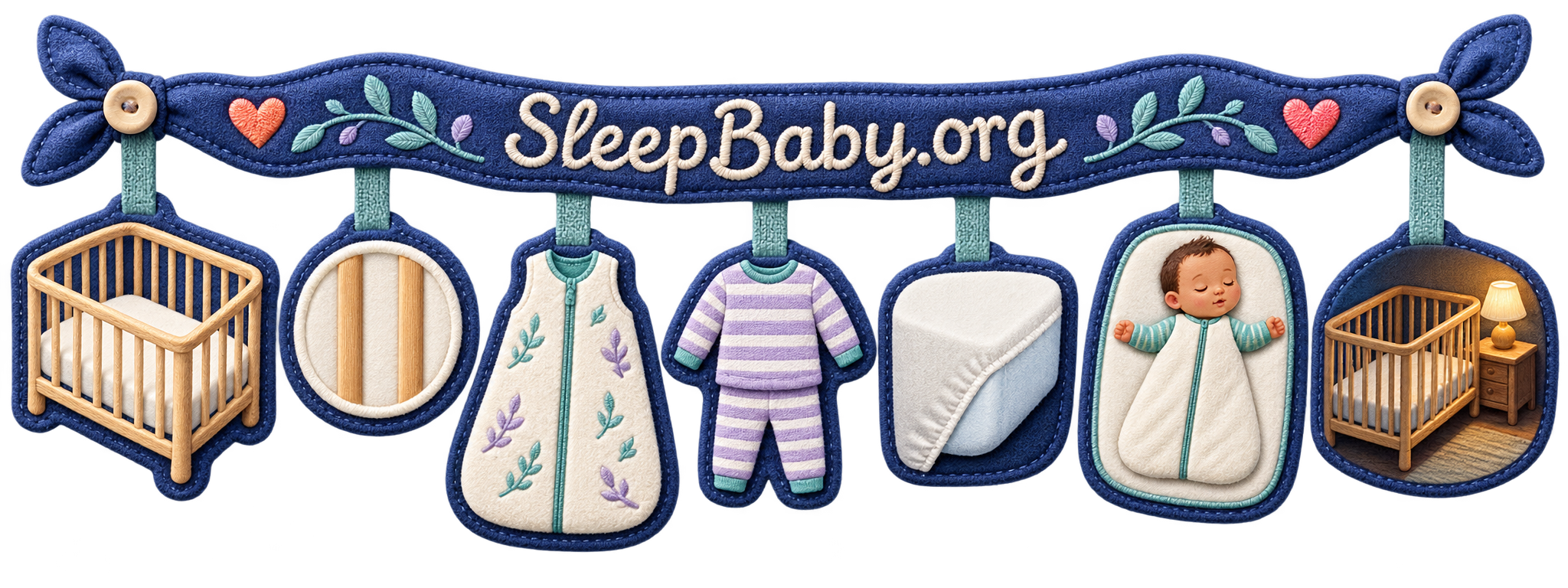 Indigo fabric rail pairs a bare crib, fitted sheet, pajamas, sleep bag, back-sleep cue, and bedtime lamp.