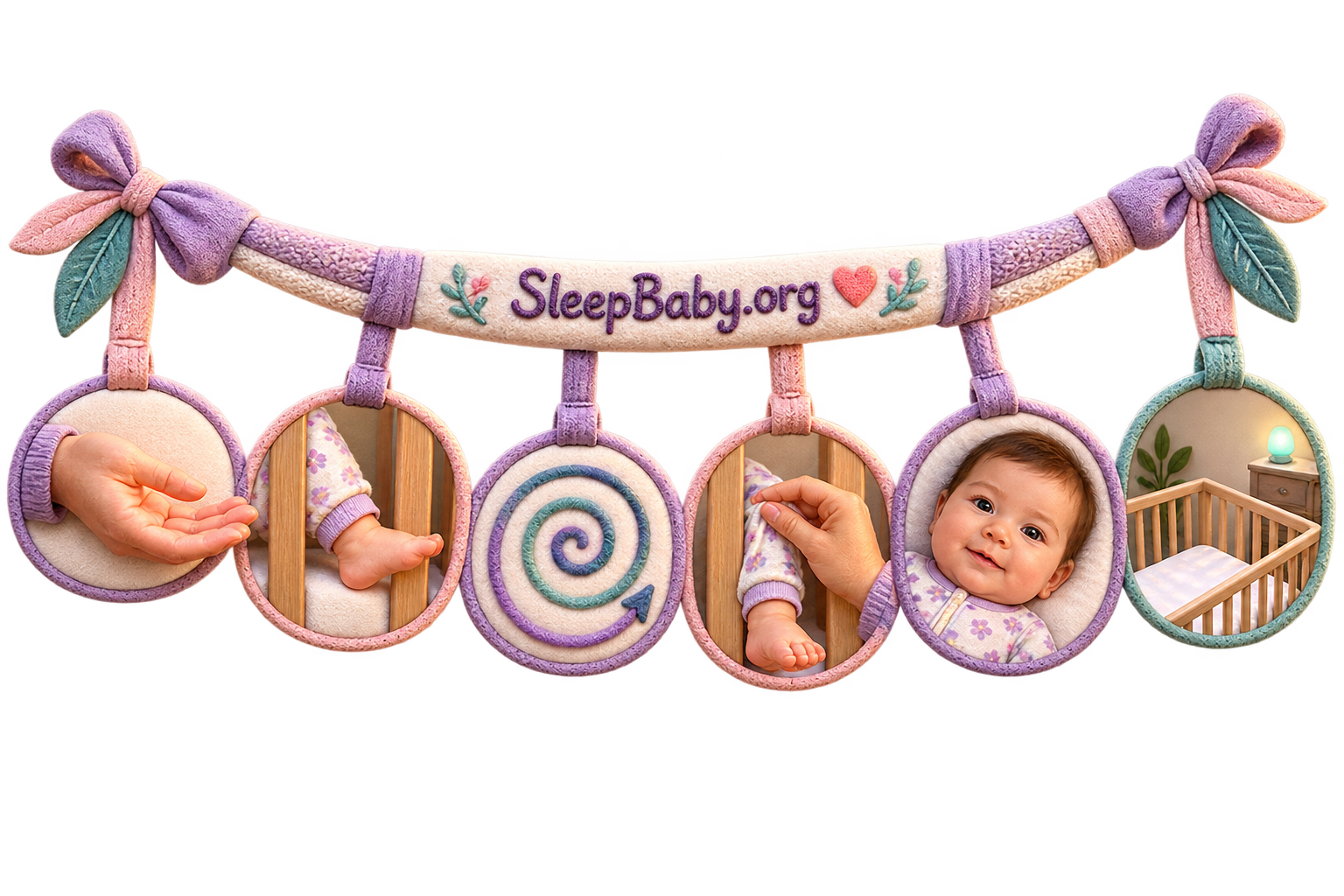 Fabric rail shows a supporting hand, foot between slats, slow release, calm baby, and empty crib.