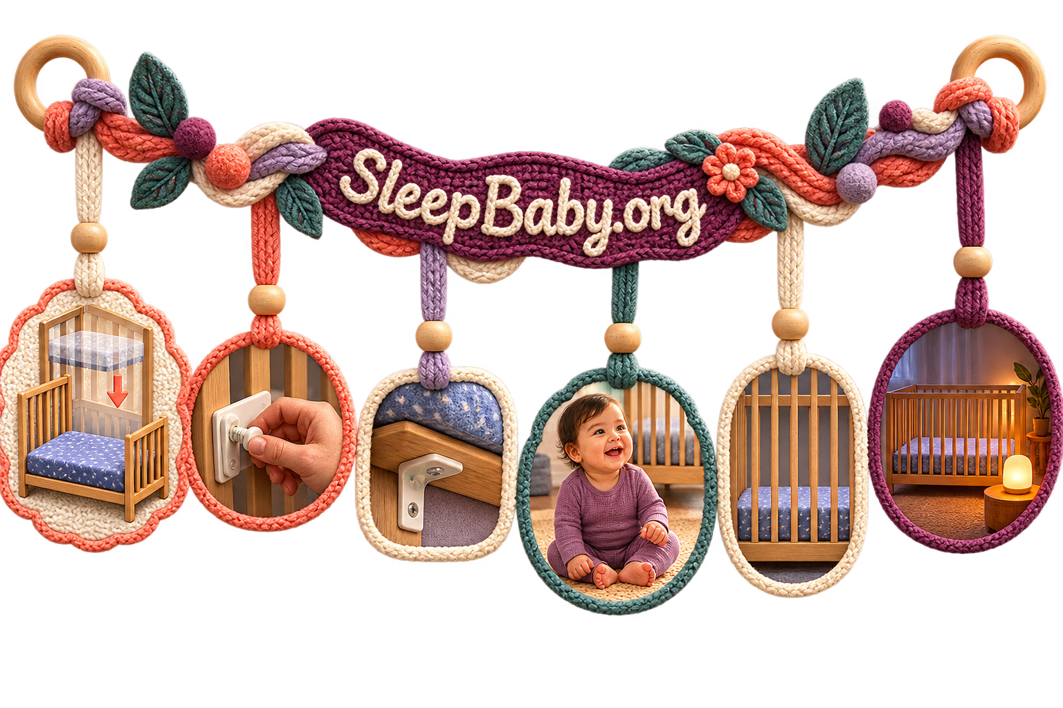 Coral fabric rail shows the mattress moving lower, secured hardware, a mobile baby, tall slats, and empty crib.